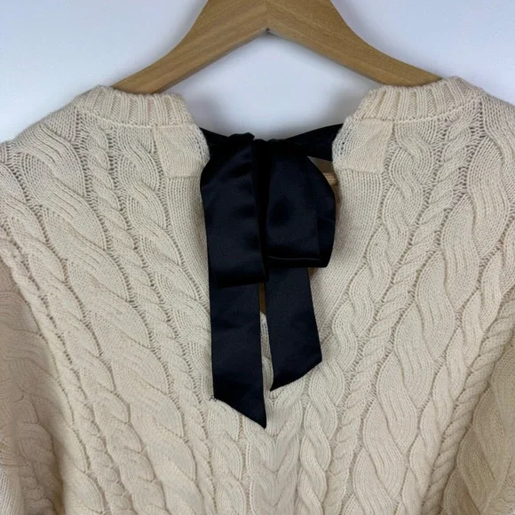 J Crew Tie Back Cable Knit Sweater Small Cream Wool Pullover Fisherman Preppy - Picture 5 of 12
